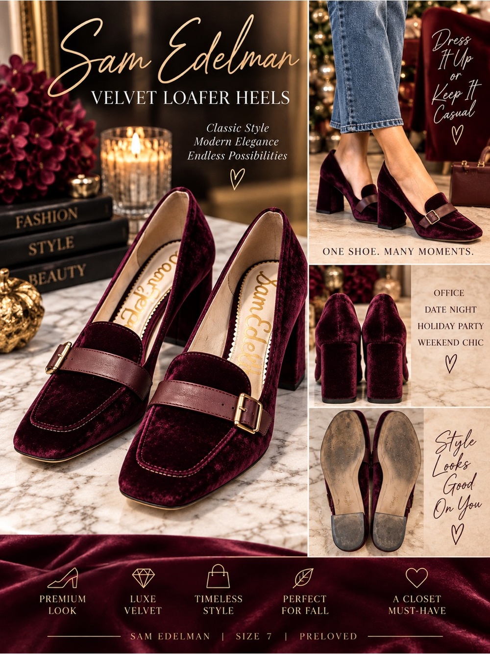Sam Edelman Burgundy Velvet Loafer Pumps Size 7 Block Heel Preppy